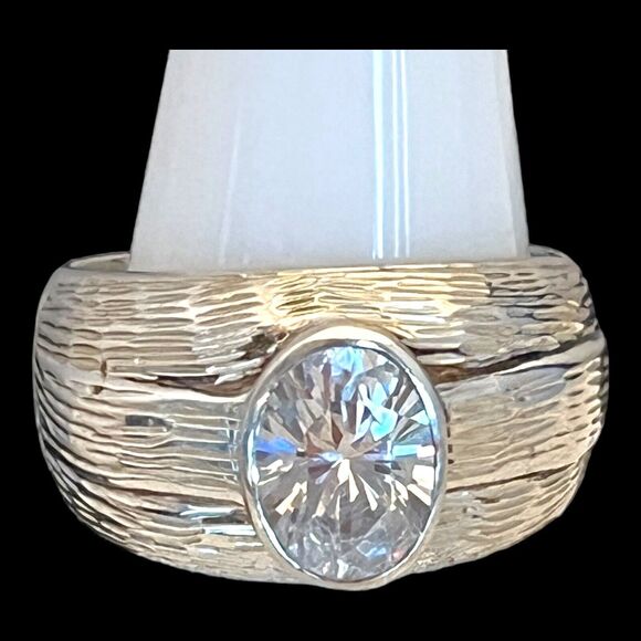 Vintage Jewelry - Vintage Ring Size 8 Textured Sterling Silver Engagement Ring CZ New 925 4B